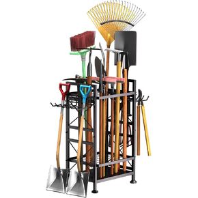 Garden Tool Organizer with Double Hook Sets, Metal Yard Tool Tower Rack, Garage Storage and Organization, Storage Up to 80 Tools, Heavy Duty Steel Garden Tool Stand for Shed, Indoors, Outdoor, Black