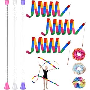 3 Pcs Twirling Batons 3 Pcs Ribbon Dancer Wands and 3 Pcs Rainbow Scrunchies for Kids, PLULON 21in Dance Batons For Baton Twirler, Kids' Gymnastics Twirling Baton for Artistic Dance