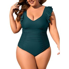 Eomenie Plus Size Swimsuit for Women Tummy Control Ruched One Piece Bathing Suit Slimming V Neck Ruffle Swimwear