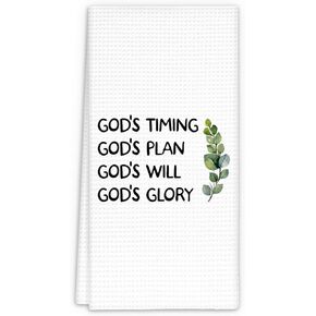 Christian Kitchen Towels, Religious Gifts Towels for Kitchen, Christian Decor Dish Tea Towels, Bible Verse God’s Timing Eucalyptus Leaves Hand Towel Kitchen Bathroom Decor, 16x24 Inch