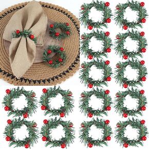 15 Pcs Christmas Napkin Rings Holly Berry Napkin Buckle Needles Wreath Pines Red Berries Candle Ring Wreath Holder for Xmas Birthday Wedding Thanksgiving Party Banquet Table Decorations