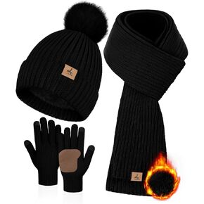 LOROME Women Winter Beanie Hat Scarf Gloves Set, Fleece Knitted Pompom Hat Warm Neck Scarf Touchscreen Gloves Winter Gift