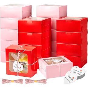 Maxcheck 50 Pcs Valentine's Day Bakery Boxes with Window 4x4x2.8 Inch Pink Cookie Boxes Red Treat Boxes Cupcake Boxes with Rope and Card Mini Pastry Boxes for Baked Goods Gift Giving