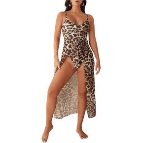 MakeMeChic Women's One Piece Swimsuit Leopard Print Ruched Cut Out Monokini with Beach Wrap Skirt