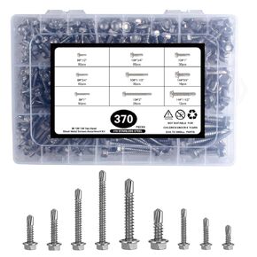 370Pcs Self Drilling Screws Assortment Kit #8#10#14, 410 Stainless Steel Self Tapping Sheet Metal Screws Hex Washer Head for Metal Wood Plastic,1/2" 3/4" 1" 1-1/2" 2"