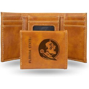 NCAA Florida State Seminoles Men's Tri Fold Brown Wallet- Premium 10 Pocket Laser-Engraved Team Logo on Vegan Leather- Minimalist Design, Flip ID Window, Credit Card Holder- Ideal Men's Gift