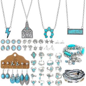 NEWITIN 67 Pcs/36 Pcs/19 Pcs Western Jewelry for Women Turquoise Jewelry Set Include Turquoise Pendant Choker Necklace Leather Cuff Bracelet Turquoise Earring Bohemian Jewelry for Women