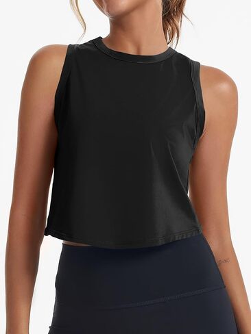Fisoew Womens Workout Cropped Tank Tops Racerback Sleeveless Crewneck Running Yoga Active Shirts in Kuwait