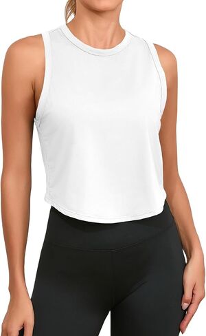 Fisoew Womens Workout Cropped Tank Tops Racerback Sleeveless Crewneck Running Yoga Active Shirts in Kuwait