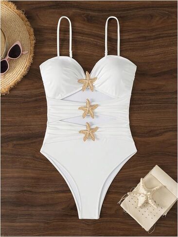 WDIRARA Women's Cut Out One Piece Swimsuit Ruched Applique Monokini Spaghetti Strap Swimwear in Saudi Arabia