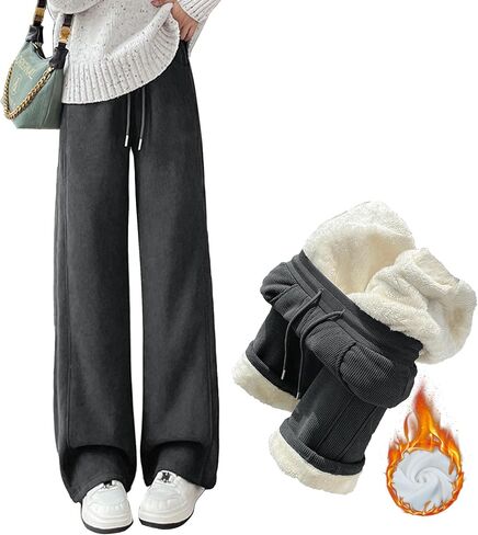 Sherpa Lined Sweatpants Women Drawstring Waistband Winter Warm Wide Leg Athletic Jogger Fleece Pants with Pockets in Saudi Arabia