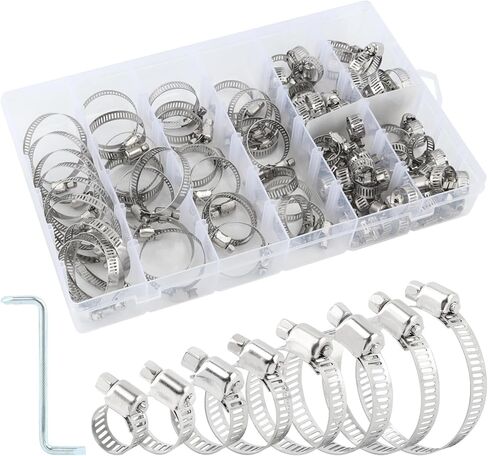 مجموعة متنوعة من 101 قطعة من مشابك خرطوم الفولاذ المقاوم للصدأ، مجموعة متنوعة بحجم 8-44 مم قابلة للتعديل، مشبك خط الوقود لأنابيب المياه، والسباكة، والتطبيق الميكانيكي، و8 أحجام لمشابك خرطوم التروس الدودية in Kuwait