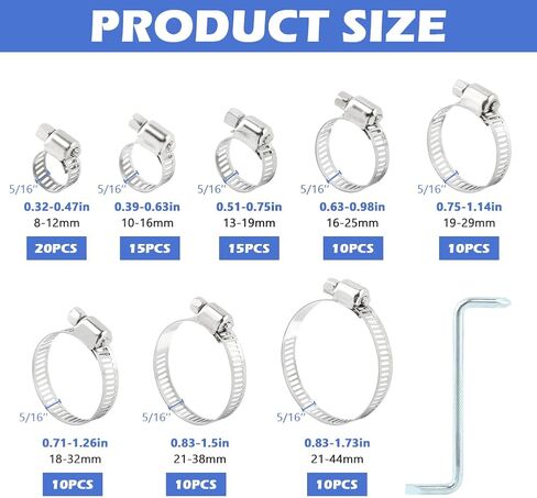 مجموعة متنوعة من 101 قطعة من مشابك خرطوم الفولاذ المقاوم للصدأ، مجموعة متنوعة بحجم 8-44 مم قابلة للتعديل، مشبك خط الوقود لأنابيب المياه، والسباكة، والتطبيق الميكانيكي، و8 أحجام لمشابك خرطوم التروس الدودية in Kuwait