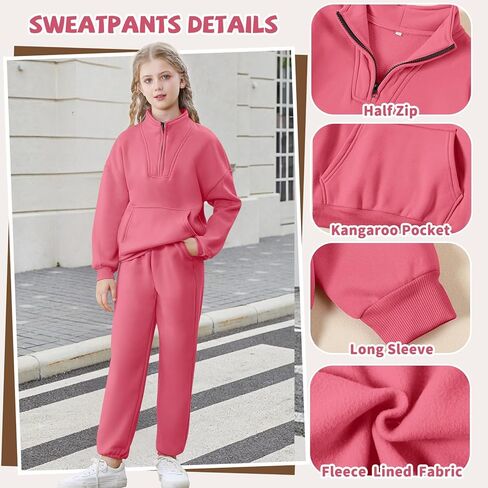 U·nikaka Girls Clothing Sets Half Zip Sweatsuit Outfits Sweatshirt and Sweatpants Fleece Pullover Joggers Set with Pockets in Kuwait