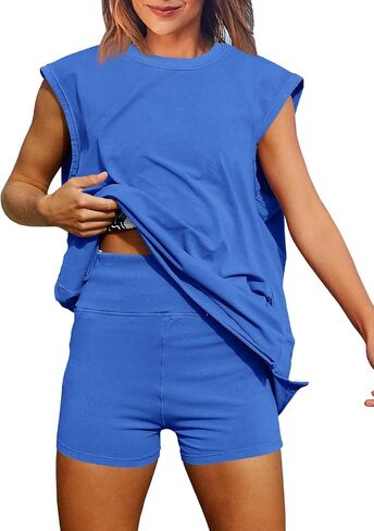 Fisoew Womens Summer 2 Piece Outfits Casual Short Sleeve Slit Tunic Tops High Waisted Shorts Workout Tracksuits Short Sets in Saudi Arabia