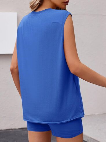 Fisoew Womens Summer 2 Piece Outfits Casual Short Sleeve Slit Tunic Tops High Waisted Shorts Workout Tracksuits Short Sets in Saudi Arabia