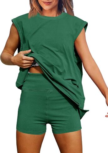 Fisoew ملابس نسائية صيفية مكونة من قطعتين ملابس غير رسمية بأكمام قصيرة وفتحة علوية سراويل قصيرة عالية الخصر ملابس رياضية للتمرين مجموعات قصيرة in Kuwait