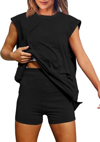 Fisoew Womens Summer 2 Piece Outfits Casual Short Sleeve Slit Tunic Tops High Waisted Shorts Workout Tracksuits Short Sets in Saudi Arabia