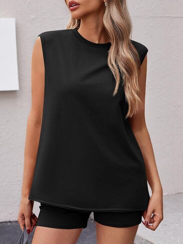 Fisoew Womens Summer 2 Piece Outfits Casual Short Sleeve Slit Tunic Tops High Waisted Shorts Workout Tracksuits Short Sets in Saudi Arabia