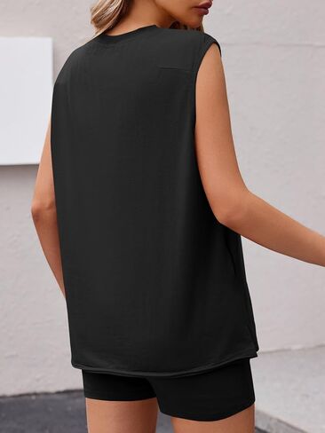 Fisoew Womens Summer 2 Piece Outfits Casual Short Sleeve Slit Tunic Tops High Waisted Shorts Workout Tracksuits Short Sets in Saudi Arabia