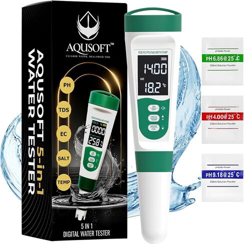 AQUSOFT 5-in-1 Digital PH Meter with Voice Function | High Accuracy PH,TDS,EC,Salinity & Temp Pen | Waterproof & Rechargeable PH Meter for Swimming Pools,Aquariums & Hydroponics | Fast Water Tester in Saudi Arabia