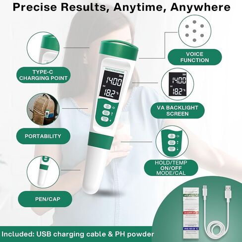 AQUSOFT 5-in-1 Digital PH Meter with Voice Function | High Accuracy PH,TDS,EC,Salinity & Temp Pen | Waterproof & Rechargeable PH Meter for Swimming Pools,Aquariums & Hydroponics | Fast Water Tester in Saudi Arabia