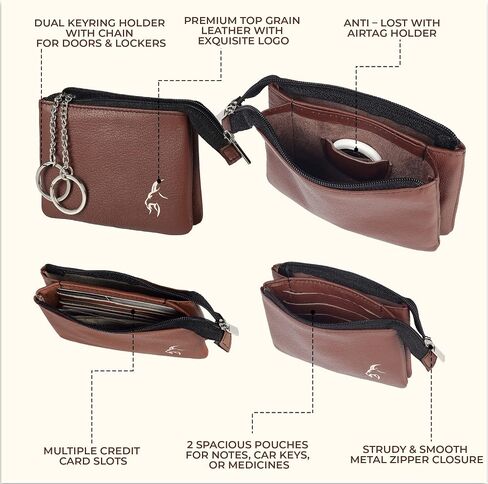 Unisex Real Leather RFID Blocking Keyring Card Holder Pouch Wallet with Card Holders, Airtag Holder, 2 FOB Keyring Chain,Car Keys holder in Gift Box in Saudi Arabia