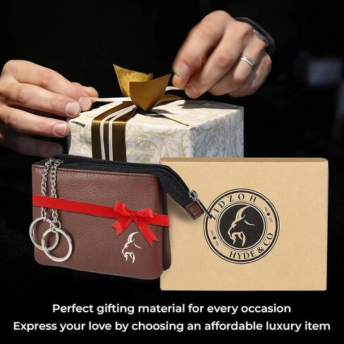 Unisex Real Leather RFID Blocking Keyring Card Holder Pouch Wallet with Card Holders, Airtag Holder, 2 FOB Keyring Chain,Car Keys holder in Gift Box in Saudi Arabia