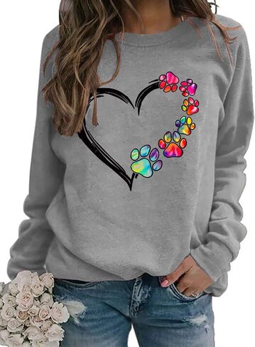 Womens Dog Mom Sweatshirts Heart Dog Paw Print Colorblock Long Sleeve Crewneck Casual Cute Sweatshirt in Saudi Arabia
