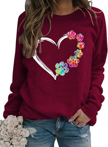 Womens Dog Mom Sweatshirts Heart Dog Paw Print Colorblock Long Sleeve Crewneck Casual Cute Sweatshirt in Saudi Arabia