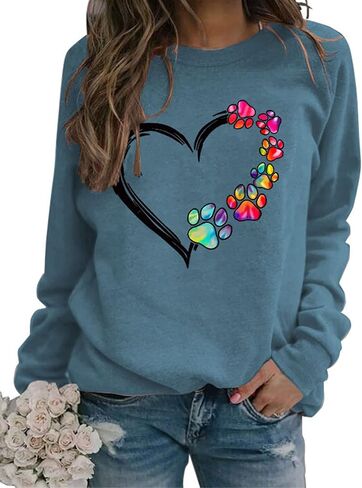 Womens Dog Mom Sweatshirts Heart Dog Paw Print Colorblock Long Sleeve Crewneck Casual Cute Sweatshirt in Saudi Arabia