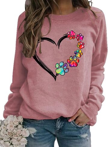 Womens Dog Mom Sweatshirts Heart Dog Paw Print Colorblock Long Sleeve Crewneck Casual Cute Sweatshirt in Saudi Arabia