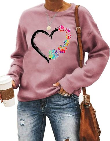 Womens Dog Mom Sweatshirts Heart Dog Paw Print Colorblock Long Sleeve Crewneck Casual Cute Sweatshirt in Saudi Arabia