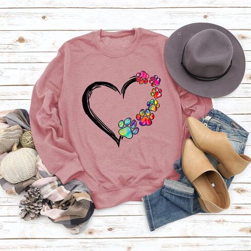 Womens Dog Mom Sweatshirts Heart Dog Paw Print Colorblock Long Sleeve Crewneck Casual Cute Sweatshirt in Saudi Arabia