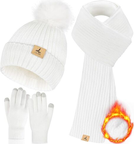 LOROME Women Winter Beanie Hat Scarf Gloves Set, Fleece Knitted Pompom Hat Warm Neck Scarf Touchscreen Gloves Winter Gift in Saudi Arabia