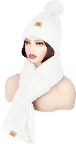 LOROME Women Winter Beanie Hat Scarf Gloves Set, Fleece Knitted Pompom Hat Warm Neck Scarf Touchscreen Gloves Winter Gift in Saudi Arabia