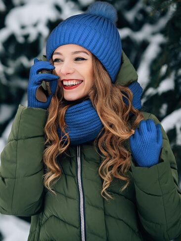 LOROME Women Winter Beanie Hat Scarf Gloves Set, Fleece Knitted Pompom Hat Warm Neck Scarf Touchscreen Gloves Winter Gift in Saudi Arabia