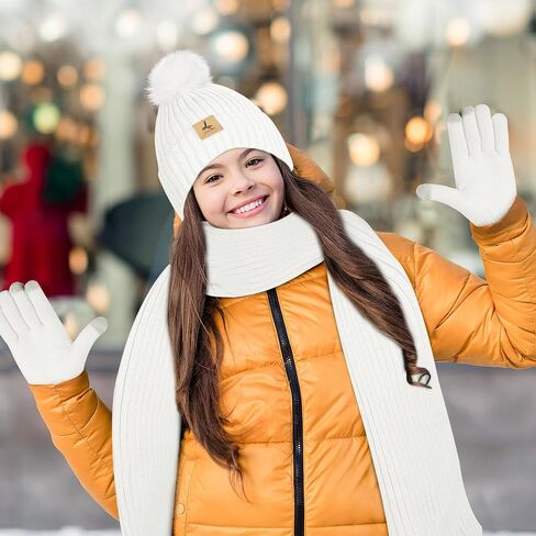 LOROME Women Winter Beanie Hat Scarf Gloves Set, Fleece Knitted Pompom Hat Warm Neck Scarf Touchscreen Gloves Winter Gift in Saudi Arabia