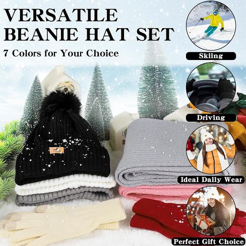 LOROME Women Winter Beanie Hat Scarf Gloves Set, Fleece Knitted Pompom Hat Warm Neck Scarf Touchscreen Gloves Winter Gift in Saudi Arabia