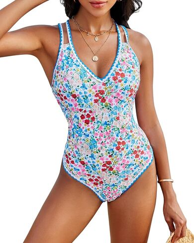 Women Modest One Piece Swimsuit - Floral Tummy Control Bathing Suit Whip Stitch Double Straps V Neck Monokini Teens in Saudi Arabia