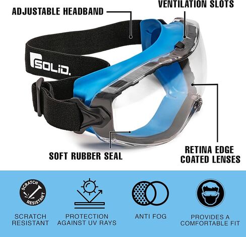 SolidWork Safety Goggles Anti-Fog Clear Lens with Adjustable Elastic Headband. Protective Eyewear for Men & Women in Saudi Arabia
