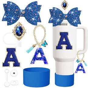 8PCS Stanley Cup Accessories Set Including Silicone Straw Topper Cover Cap and Boot,Spill Proof Stopper,Handle Charm,Sticker Lette (Dark blue R)