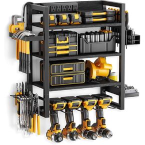 Wood-Metal Power Tool Organizer Wall Mount with 5 Charging Station, 3 Tier Garage Tool Organizers and Storage with 4 Drill Holders, Power Tool Storage for Workshop, Basement, Vintage Brown