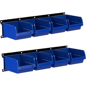 Garage Storage Rack with 8 Bin Wall Mounted Parts Storage Bin 2 Rails Hardware Organizers for Workshop Garage Shop (Blue)