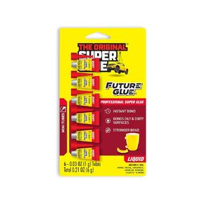 Super Glue, Future Glue Liquid, 6 Mini Single Use Tubes, Clear, Instant Bonding, Fast Dry, Professional Cyanoacrylate Adhesive, Works On Wood, Metal, Plastic, Crafts, Ceramic, and Toy Repairs