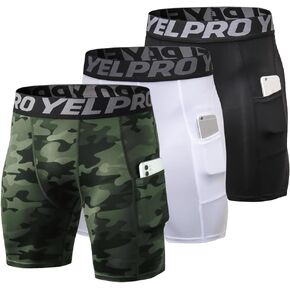 Men's Athletic Compression Spandex Running Workout Tight Pockets Active Baselayer Shorts Underwear, Camo Green,white,black, Large