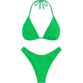 seamoly Women's Bikini Sets Toweling Jacquard Textured Halter Two Piece Swimsuits Open Back Cheeky High Cut Bathing Suit