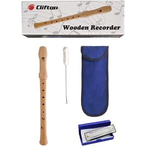 CLIFTON 8-Hole Soprano Descant Wooden Recorder Flute with Cleaning Brush & Textile Carry Bag For School Student Home Beginning learners (German Fingering)