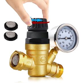 Handle Adjustable RV Water Pressure Regulator for RV Camper, Upgraded Brass Lead-Free RV Water Pressure Regulator with Gauge and 2 Inlet Screened Filters for RV Camper, Travel Trailer