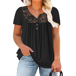 Plus Size Tops for Women Short Sleeve Henley Shirts Lace Loose Fit Pleated Flowy Buttons Up V Neck Tunics